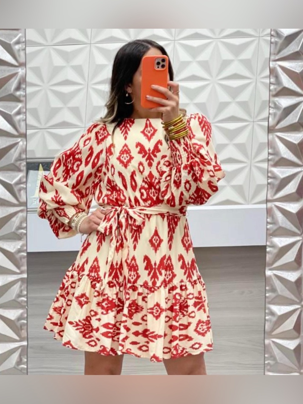 Flying Tomato Cream and Brick Red Ikat Print Mini Dress with Balloon Sleeves